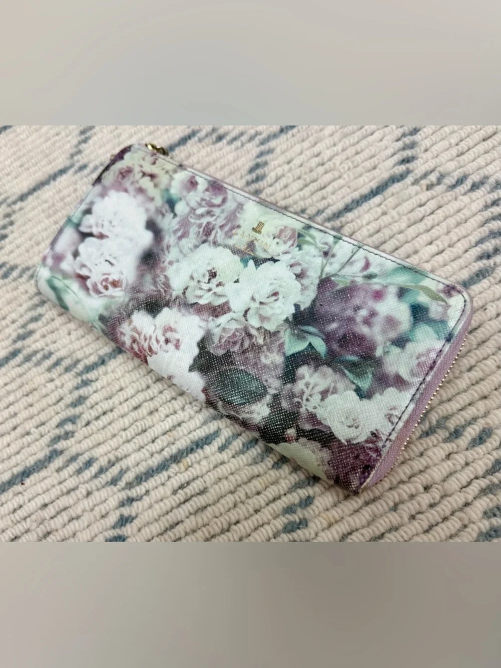 LANVIN En Bleu Lavender Floral Print Leather L-Shaped Zip Long Wallet/Clutch